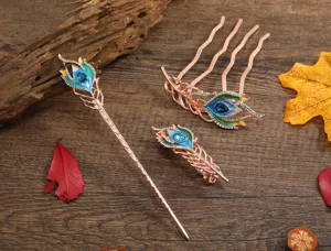 Retro peacock feather hair clip set, elegant rhinestone hair comb, hairpin and spring clip for Hanfu.