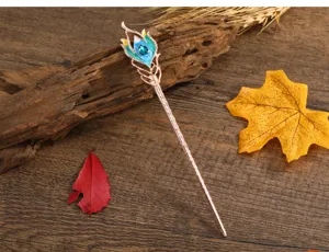 Vintage glazed peacock feather hair stick with rhinestones, elegant Chinese style accessory for Hanfu.