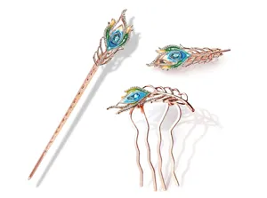 Retro peacock feather hair stick clip comb set, elegant rose gold crystal hair accessories.