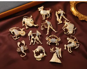 Gold 12 Zodiac Constellation Rhinestone Brooch Set Fashion Alloy Animal Clothing Pin Jewelry