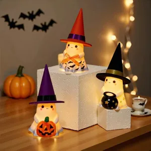 Set de tres lindas figuritas de fantasmas de Halloween brillantes con sombreros de bruja