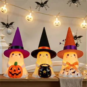 Set de 3 figuras de fantasmas de Halloween luminosas con sombreros de bruja y calabaza.