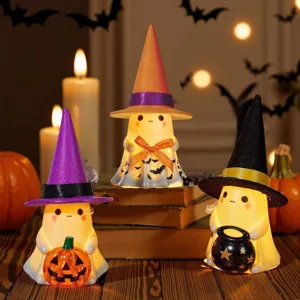 Juego de 3 figuras de fantasmas luminosos de Halloween con sombreros de bruja lindos