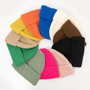 Bonnet Beanie en Tricot Côtelé Décontracté Couleur Unie Revers Chaud Thermique Sans Bord Casquette Froide Pour Hommes Femmes Enfants Accessoires Extérieur