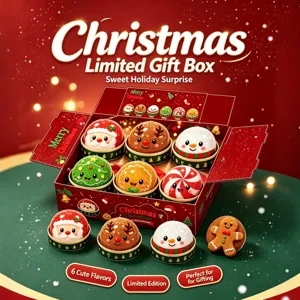 6-piece Christmas squeeze toy gift box with Santa, snowman, and reindeer designs.