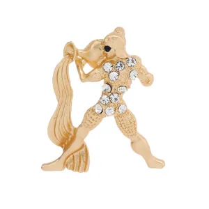 Gold-tone rhinestone Aquarius zodiac brooch pin, elegant astrological clothing accessory for women.