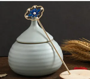 Épingle à cheveux lotus vintage avec émail bleu et perles, accessoire de cheveux chinois.