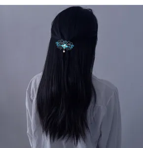 Exquisite vintage floral hair clip with pearl tassel, elegant blue enamel Hanfu hairpin.