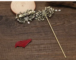 Vintage Chinese hair stick and clip set with pearl tassels for traditional Hanfu styling.