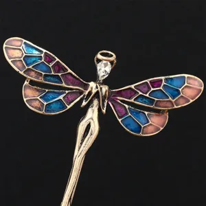 Exquisite vintage enamel fairy hair pin with crystal head and colorful stained glass wings.