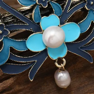 Blue enamel flower hair clip with pearl tassel vintage Chinese hanfu hair accessory
