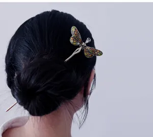 Vintage dragonfly hair stick with enamel wings, elegant copper hair bun pin for women
