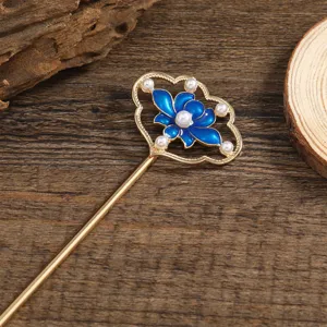Baton de cheveux lotus email vintage pour femme, epingle a cheveux doree style chinois.