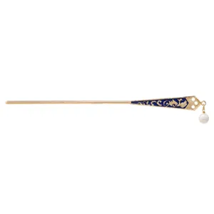 Épingle à cheveux lotus vintage en métal avec émail bleu et joli pompon de perle élégant.