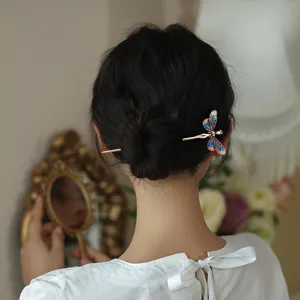 Retro glazed dragonfly hair stick, elegant metal hair pin for stylish buns and vintage updos.