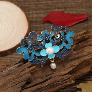Vintage Chinese Style Alloy Artificial Pearl Tassel Hair Stick Blue Enamel Floral Butterfly Hairpin For Women Hanfu Costume Dress Hair Jewelry