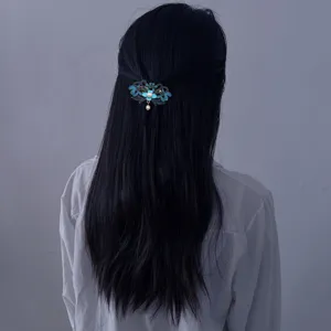 Vintage blue enamel floral hair clip with pearl tassel elegant hair accessory for women