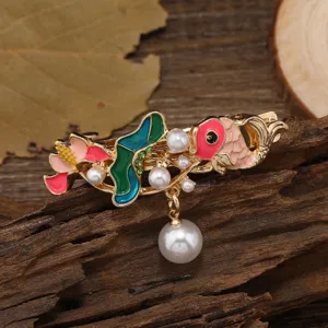 Retro émail carpe koïs lotus pince à cheveux pompon perle style chinois vintage