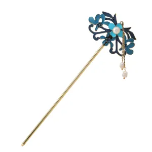 Traditional Chinese Style Enamel Flower Pearl Tassels Hair Stick For Hanfu Dress Up