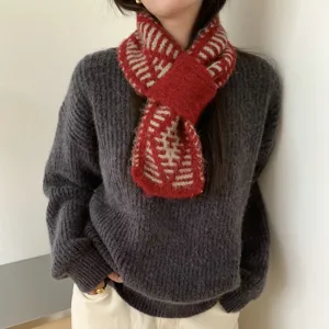 Winter Retro Argyle Jacquard Knitted Scarf For Women Wool Blend Cross Neck Warmer Warm Soft Fashion Neckwear Accessories
