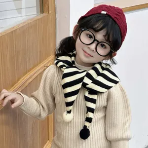 Bufanda de Punto Triangular a Rayas para Niños Estilo Coreano Lindo Bufanda con Pompones para Niños Niñas Bebé Invierno Cálido