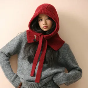 Koreanische Winter Gestrickte Sturmmütze Für Damen Integrierter Kapuzenschal Ohrenschutz Warm Rippenstrick Kordelzug Strickhaube Mütze