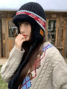 Women winter knitted trapper hat fair isle pattern warm earflap beanie stylish winter fashion cap