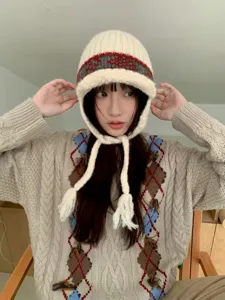 Fair Isle knitted ear-flap bomber hat women autumn winter warm thermal jacquard beanie cap