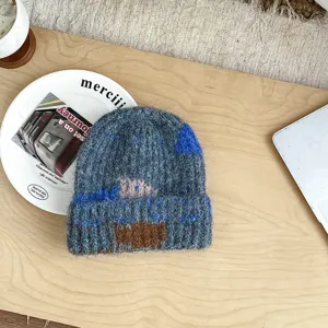 Kinder Farbblock gestrickte Wolle Mütze Winter warm süße lässige Mütze für kleine Mädchen