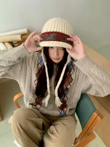 Cozy knit ear-flap beanie for women winter warm retro jacquard trapper hat stylish headwear