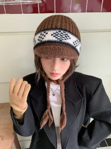 Women Fair Isle Knitted Earflap Beanie Winter Warm Jacquard Trapper Hat With Braided Strings