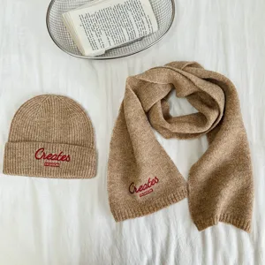 Kinder Strickmuetze Schal Set Winter warm fuer Kinder einfarbig modische Stickerei Set