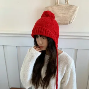 Gorro de punto rojo estilo coreano con orejeras, lindo sombrero de lana cálido de invierno.