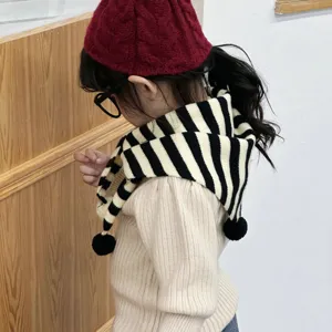 Bufanda Triangular de Punto A Rayas Niños Lindo Pom Pom Invierno Caliente Cuello