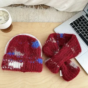 Kinder Farbauswahl flauschige Strick Wolle Mütze Schal Set, gemütlich warme Winter Mütze.