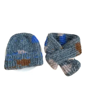 Kinder Farblock Strick Wollmütze und Schal Set, gemütlich Herbst Winter warm und kuschelig.
