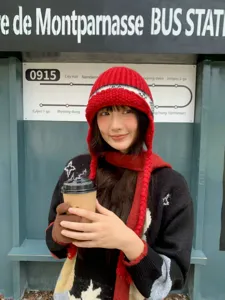 Knitted ear-flap trapper hat for women, cozy winter warm jacquard wool beanie, stylish headwear.