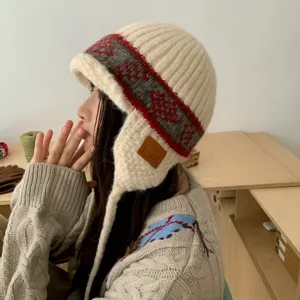 Fair Isle Knit Earflap Hat For Women Winter Warm Trapper Hat Vintage Geometric Pattern Crochet Beanies Cap Outdoor Cold Protection