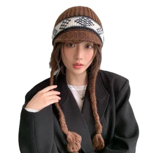 Fair Isle knitted trapper hat with earflaps, winter warm thermal fuzzy beanie cap for women
