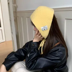 Winter koreanischer Stil gestrickte Ohrenschützer Mütze mit Patch Band Wolle Damen neu