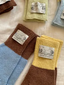 Korean style color block knit gloves winter warm fingerless wool arm warmers detail shot