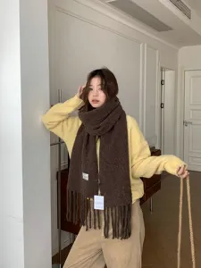 Women winter warm wool blend scarf tassel brown cozy stylish daily outfit cold weather accessory
