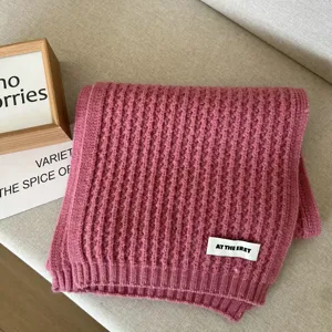 Solid color winter knitted scarf in rose red, cozy thick ribbed wool scarf for women.