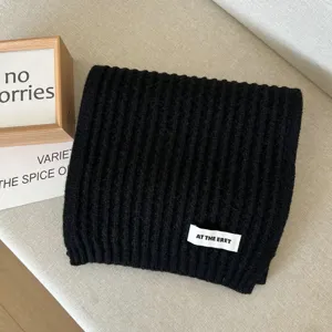 Black ribbed knit scarf for women, cozy winter thermal neck warmer, soft solid color wool scarf.
