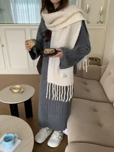 Cozy winter wool blend scarf and knitted dress set, stylish warm tassel shawl for women.