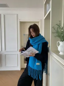 Cozy blue knit winter scarf for women, soft warm wool blend tassel design for cold weather days.