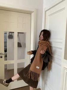 Cozy brown wool blend winter scarf for women, stylish warm casual knit fashion wrap.
