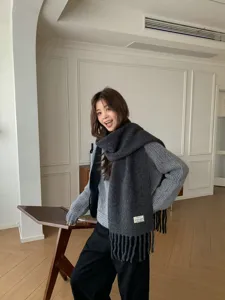 Korean style wool blend winter scarf for women, warm dark grey knitted tassel scarf soft