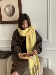 Korean style wool blend winter warm yellow scarf for women, cozy tassel shawl style