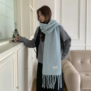 Korean style winter wool blend scarf for women, warm soft thick tasseled fringed cozy shawl.